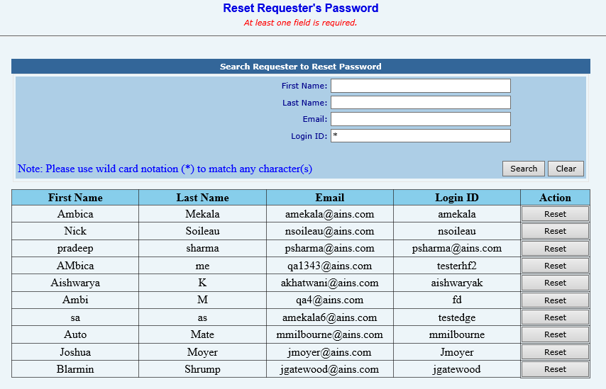 Password reset request form with user details and action buttons displayed.